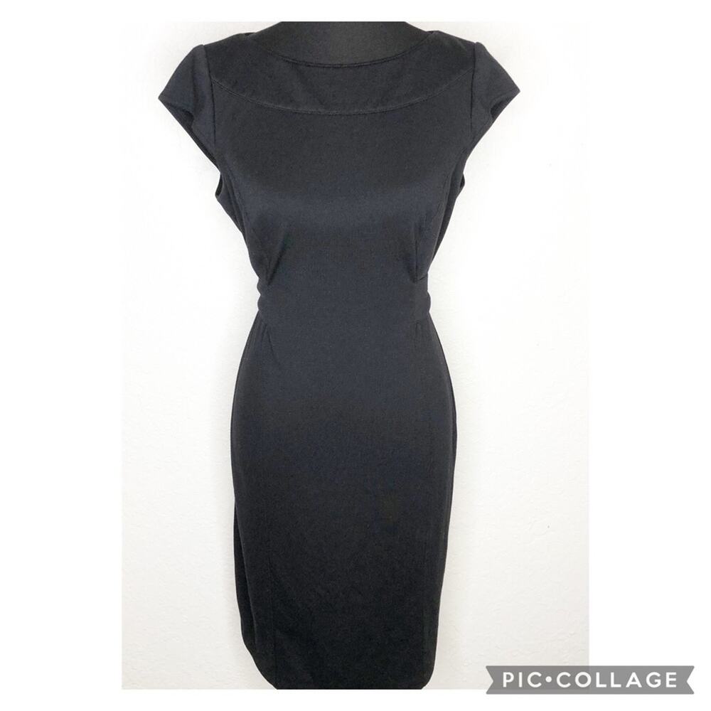 Kay Unger black cap sleeve front tie waist sheath dress size 12
